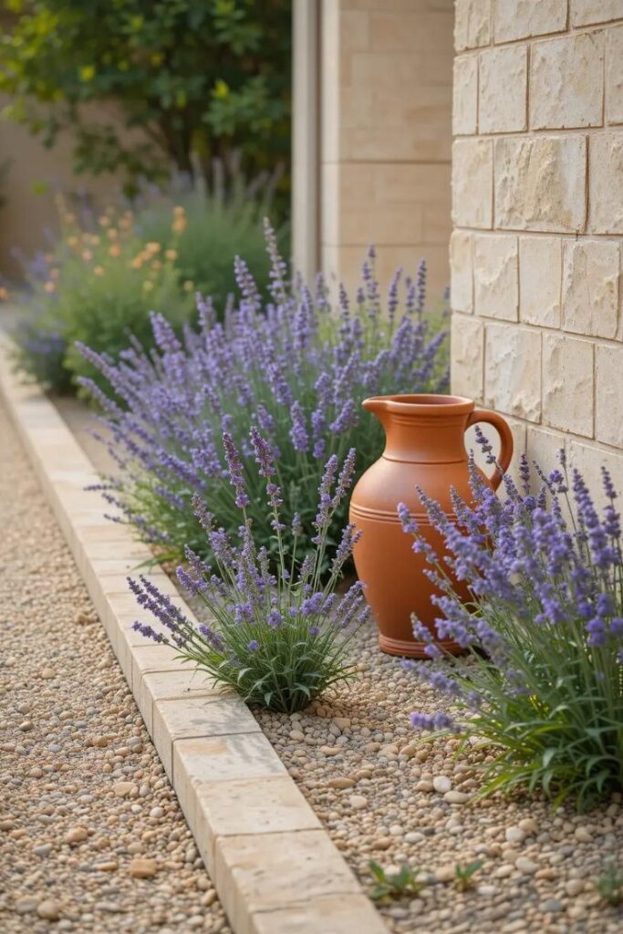Gravel-mulched flower bed with Russian sage, yarrow, and lavender. Terracotta water jug tucked beside a minimalist stone border.