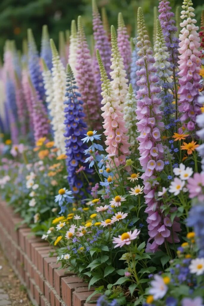 English border with layers of delphinium, coreopsis, and foxglove.