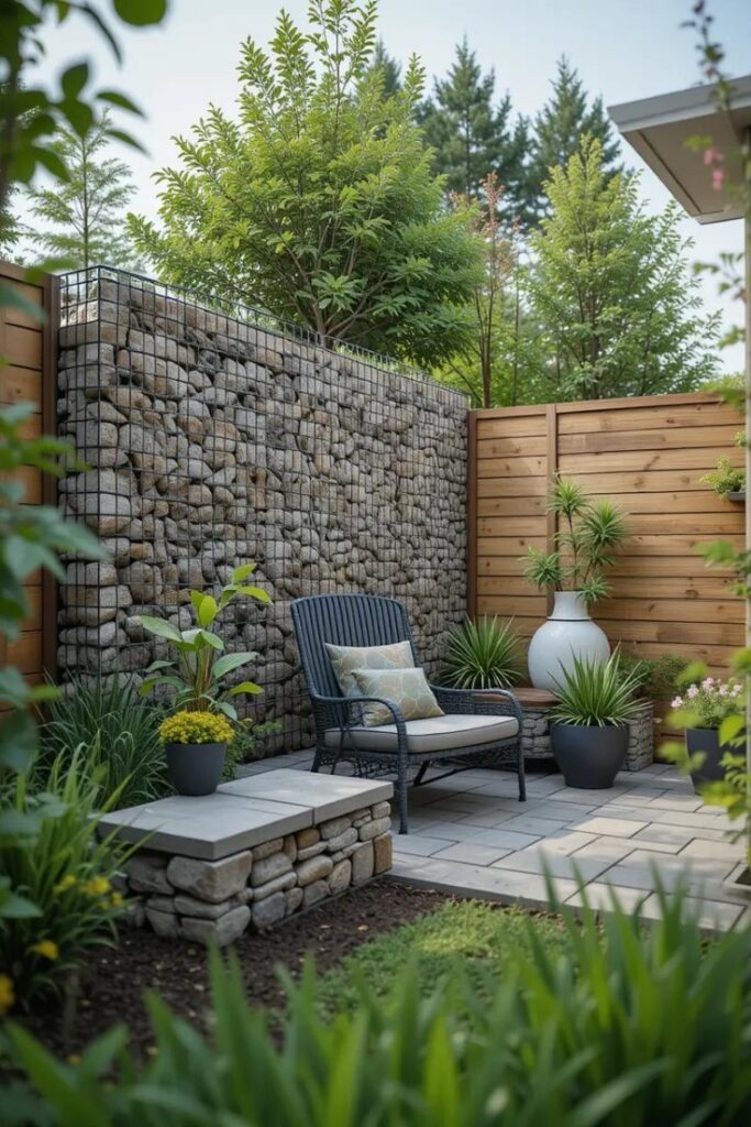 modern suburban garden featuring a gabion wall made from wire cages filled with neatly arranged stones.