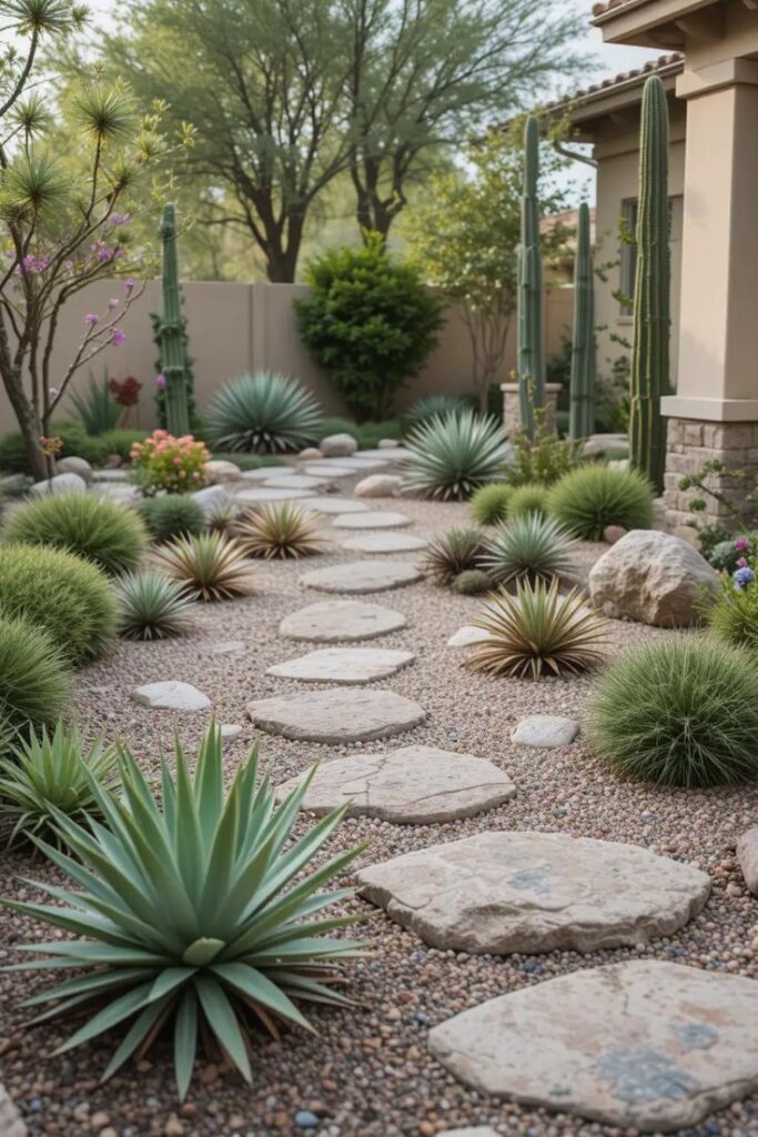 A water-wise backyard with decomposed granite and scattered desert plants