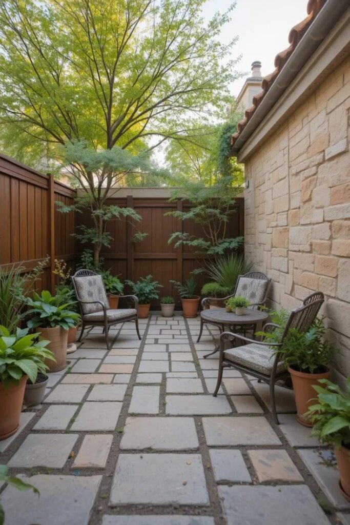 A small residential courtyard with flagstone flooring, furnished with patio chairs and potted plants.