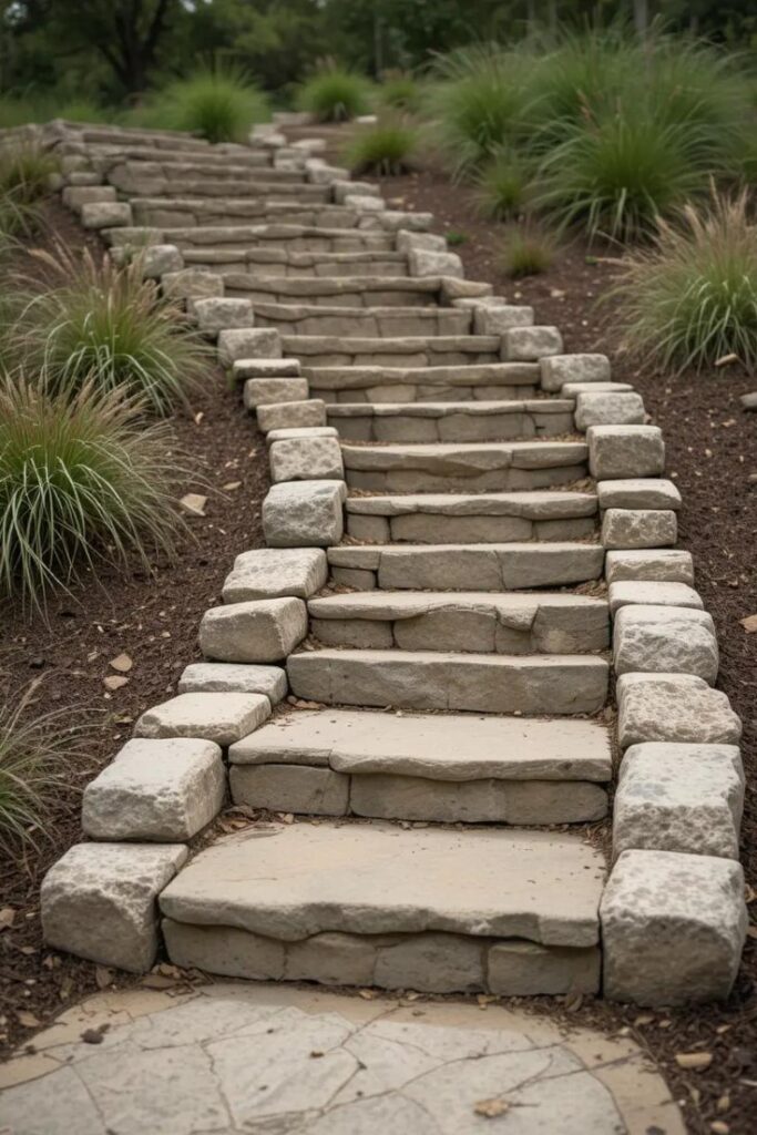 A sloped yard with natural stone steps.