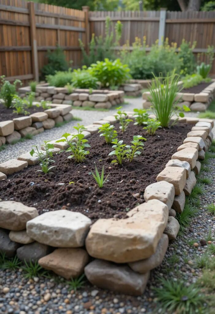 A backyard vegetable or herb garden with raised beds bordered by stacked natural rocks.
