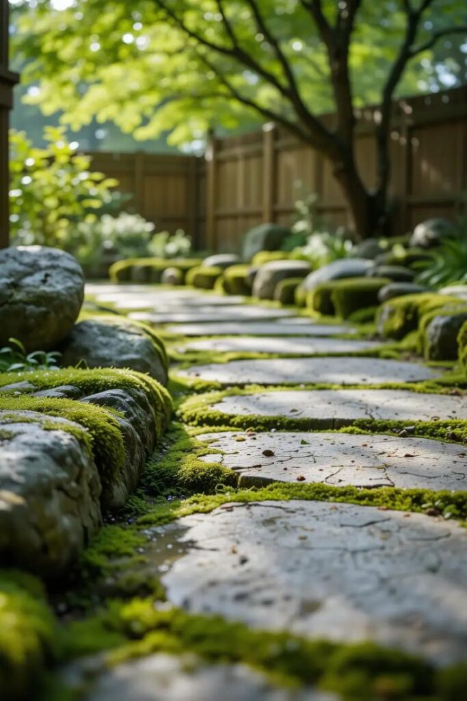 a garden corner where moss grows naturally on and between flat rocks.