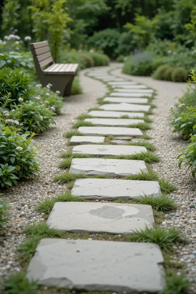 Rock landscaping design featuring a garden pathway made of irregular stone pavers, set into a bed of fine gravel.