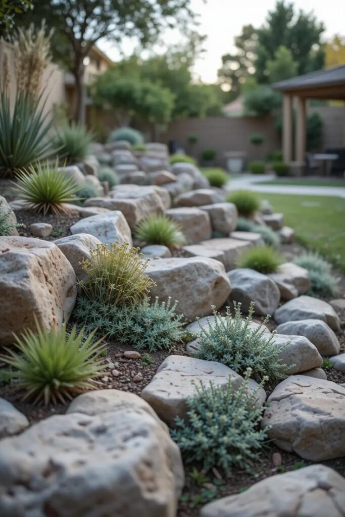 Rock landscaping design featuring a sloped backyard garden with a mix of large stones and drought-tolerant plants.