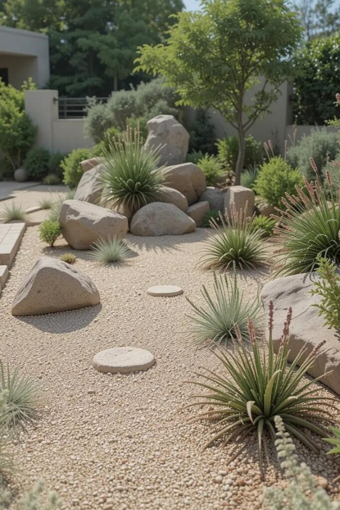 A sloped backyard garden with a mix of large stones and drought-tolerant plants.