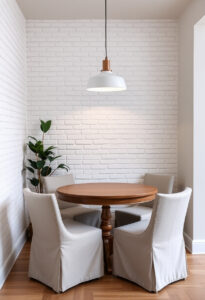 A small dining area with one whitewashed brick wall.