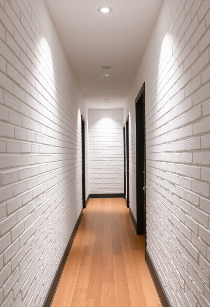 a hallway lined with whitewashed brick walls.