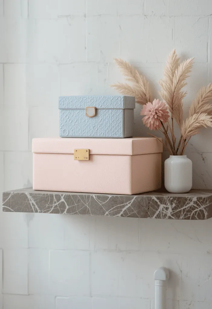 decorative boxes for bathroom organization.