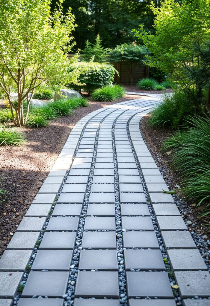 permeable paver walkway in garden setting, gravel-filled grid system.
