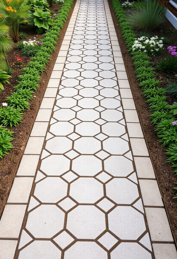 geometric garden path with concrete pavers.