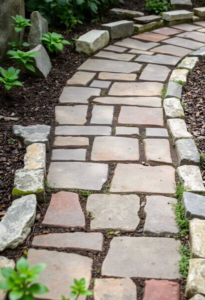 Walkway constructed from reclaimed materials, showcasing rustic textures.