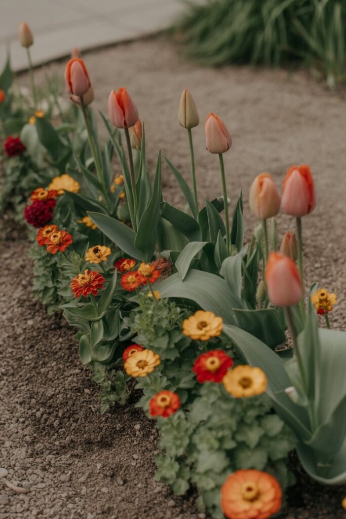 Transition flower bed showing late tulips and early zinnias.