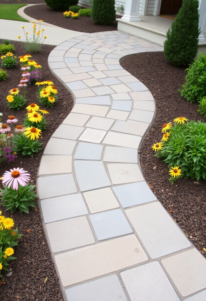 A flagstone pathway flowing into a front flower bed.