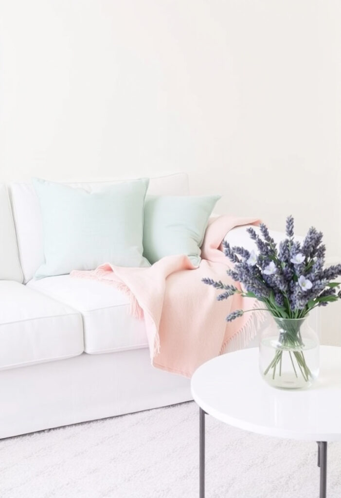 A white sofa in a clean, minimalist room styled for spring: mint green pillow, blush pink blanket, and a lavender vase on the table.