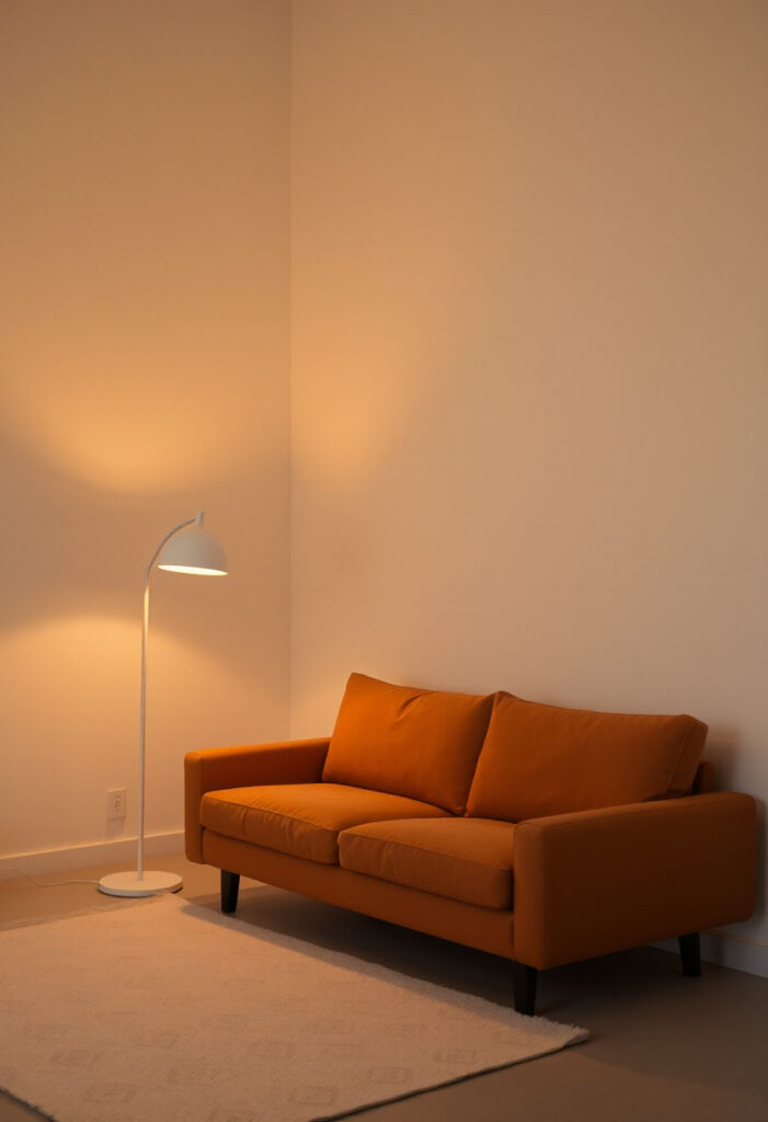 A minimalist living room with soft lighting from a white floor lamp, and a muted rust-colored sofa sits beneath the light.