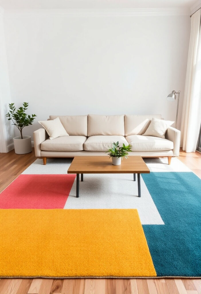 a living room featuring a large area rug with a colorful design.