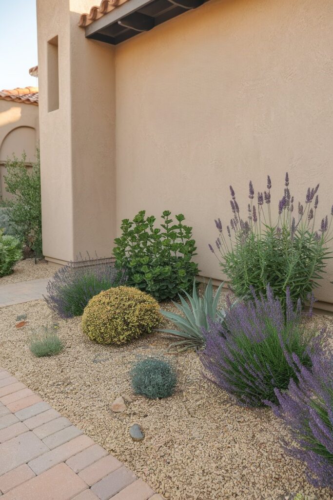 A front yard flower bed covered with crushed granite.