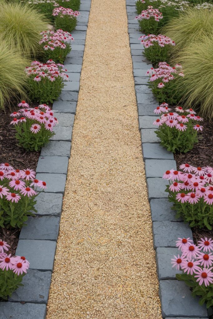 flower bed with a pea gravel pathway.