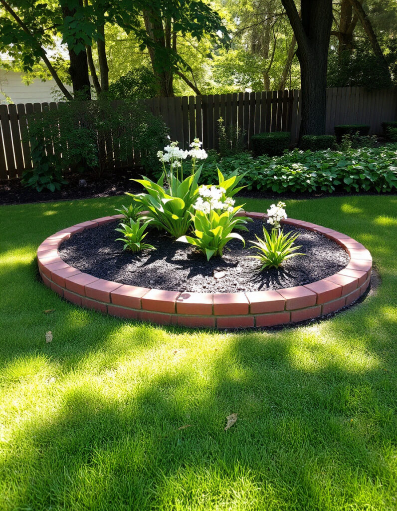 landscaped backyard garden with a flower bed using red clay brick edging.