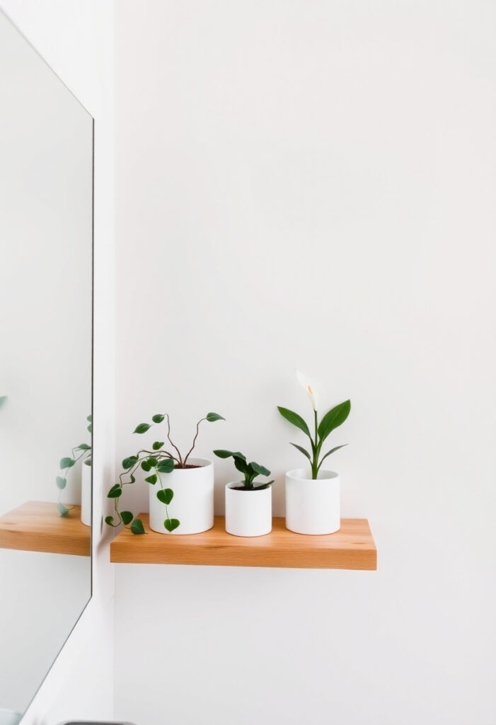 A bathroom with a floating wooden shelf displaying potted plants.