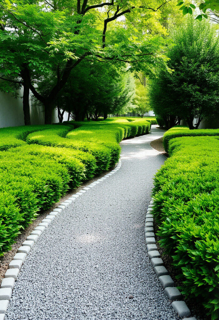 garden  with a narrow gray gravel pathway.