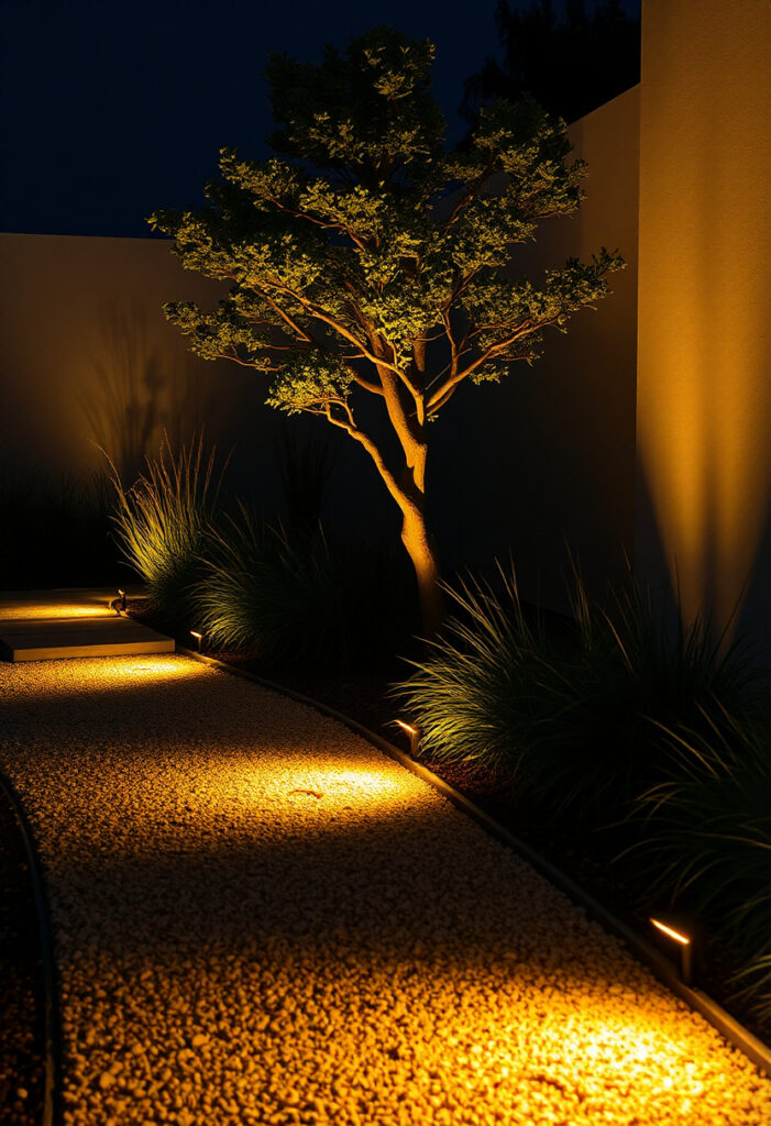 A minimalist garden at night, with  LED lighting  glowing onto a gravel path.