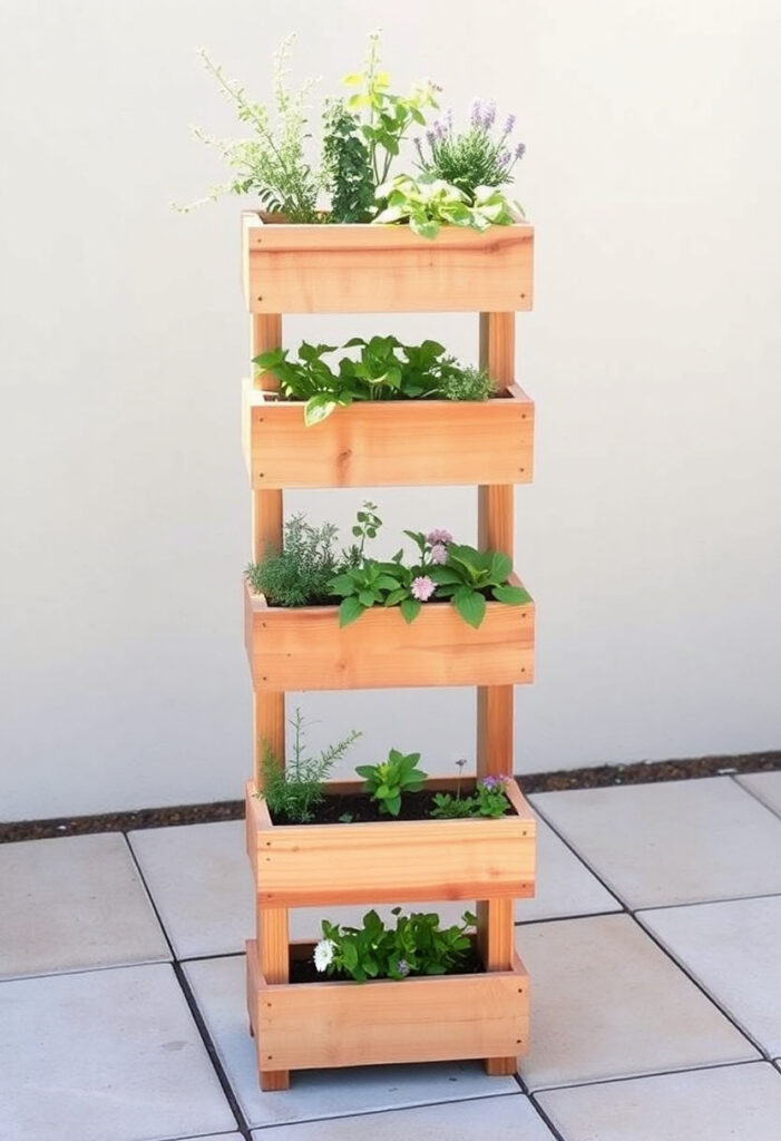 vertical garden tower made of stackable rectangular wooden planter boxes.