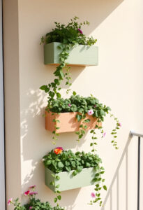 outdoor wall featuring three staggered window boxes.