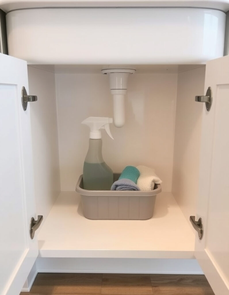 Organized under-sink cabinet with a compact caddy holding essential cleaning supplies in a small kitchen.