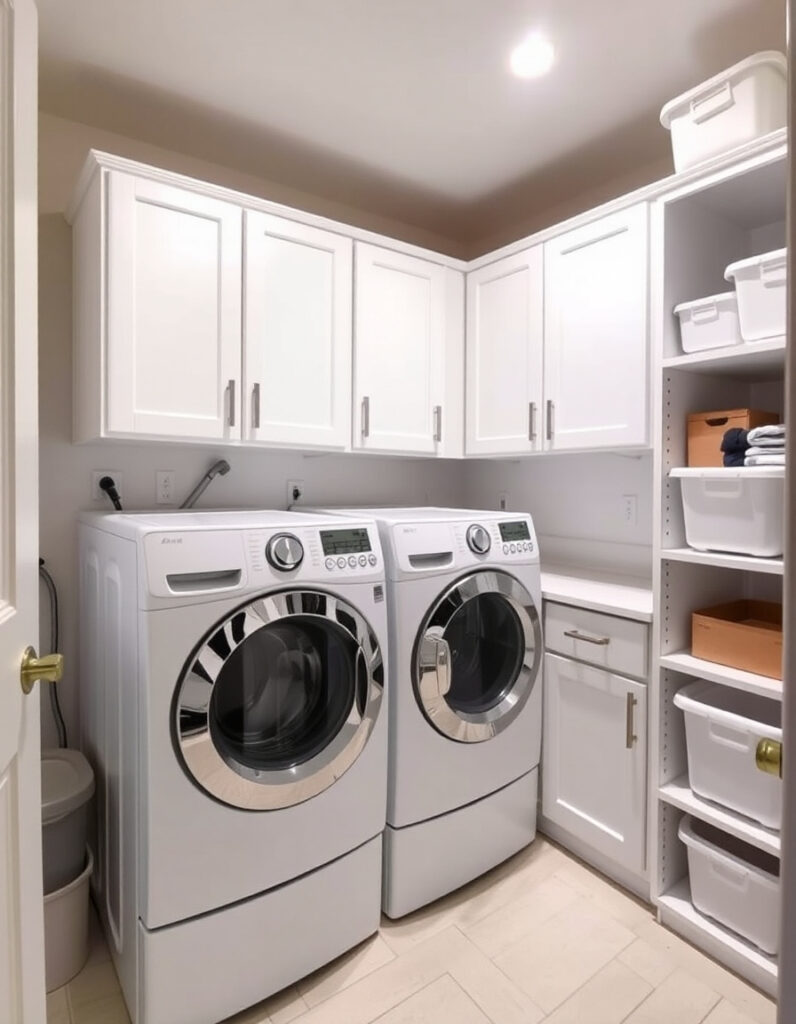 Organized and dust-free laundry room with front-load washer and dryer, closed cabinets.