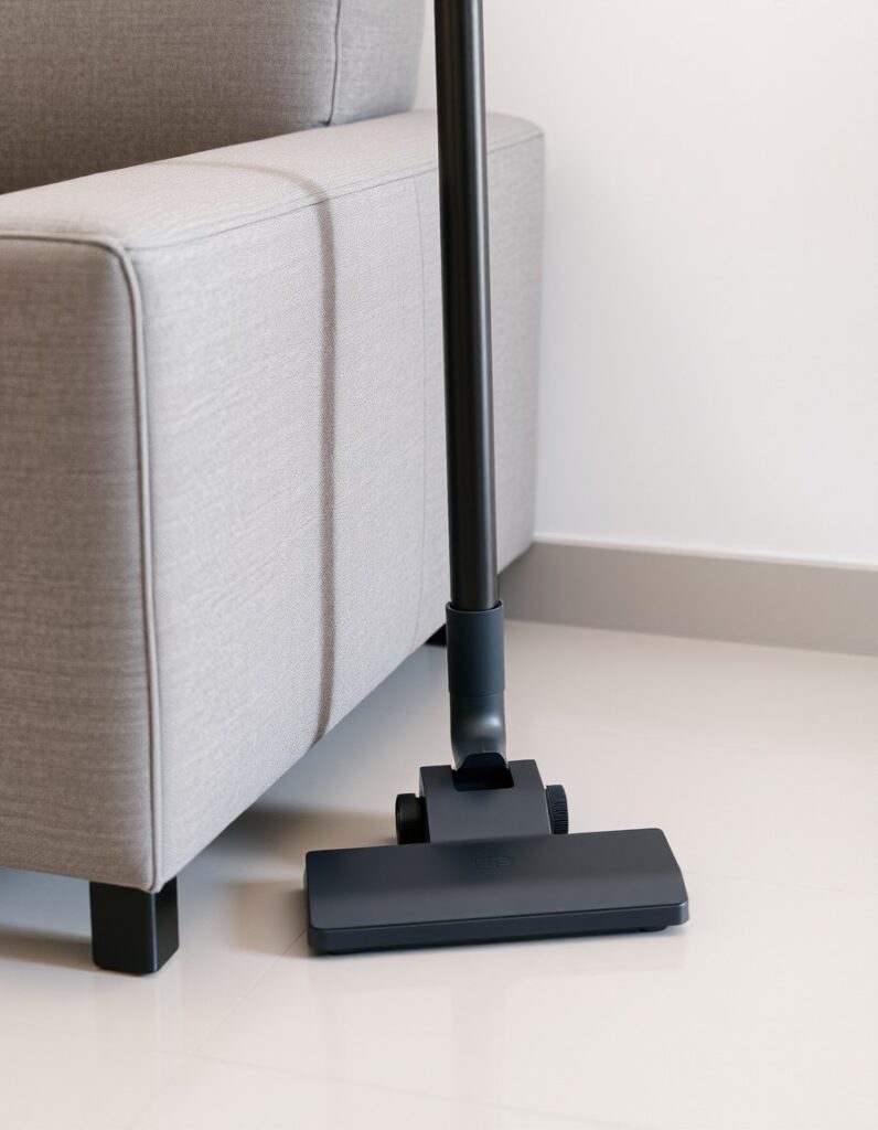 a vacuum cleaner placed near a couch.
