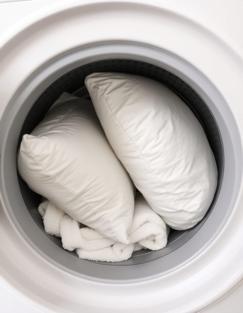 Two white pillows and towels inside a washing machine.
