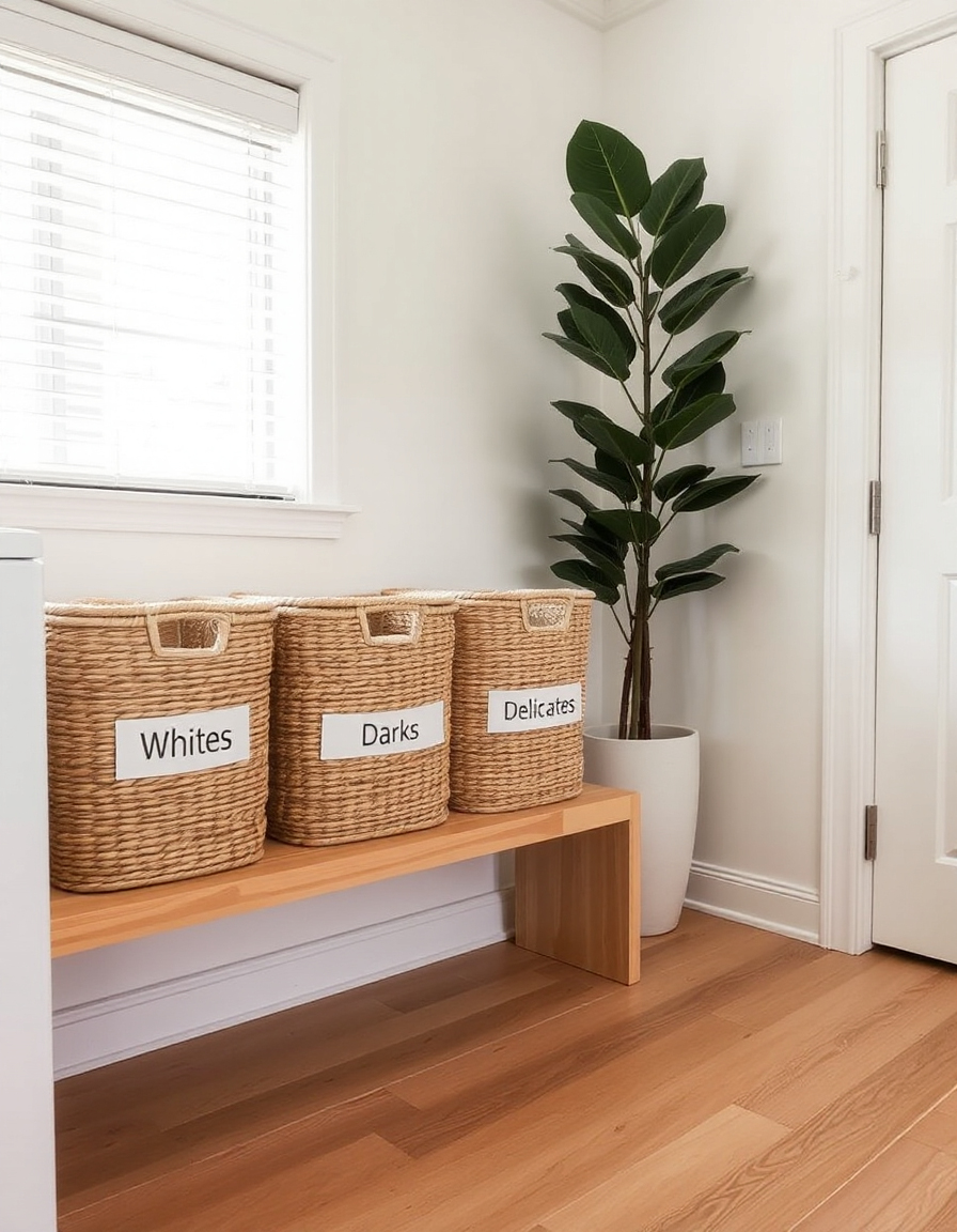 Three labeled laundry baskets—Whites, Darks, and Delicates—on a wooden shelf in a bright, organized laundry room.